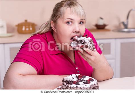 Overweight Woman Eating Big Cake Young Overweight Woman Eating Big