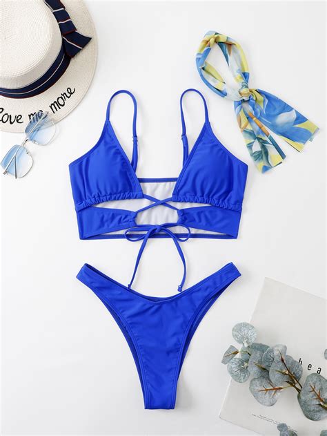 shein swim vcay solid lace up bikini swimsuit and kerchief shein uk