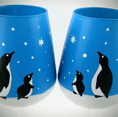 It S Penguin Time In My Etsy Shop Penguin Stemless Hand Painted Wine Glasses Housewares