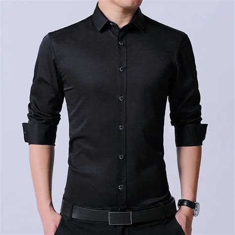 langmeng men s dress shirt brand 2017 mens slim fit solid color black long sleeve fashion