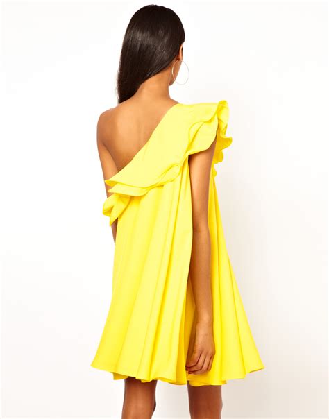 Lyst Asos Collection One Shoulder Ruffle Shift Dress In Yellow