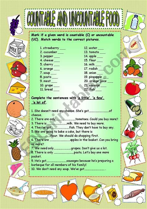 Food Countable And Uncountable Nouns Quantifiers Worksheets Nouns The
