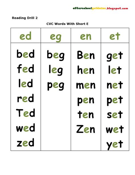 Short E Words Worksheets Drill 2 Consonant Vowel