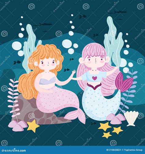 Mermaids Cartoon Set Cute Underwater Princesses With Fish Tails Swimming Fantasy Creature With
