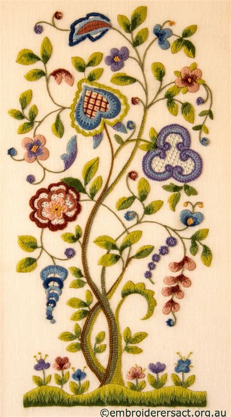 Jacobean Crewel Tree With Flowers Stitched By Barbara Adams Crewel