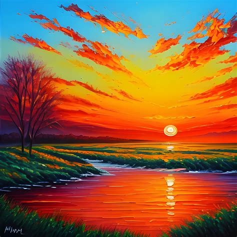 Sunset Landscape Painting Oil Painting Style Arthubai