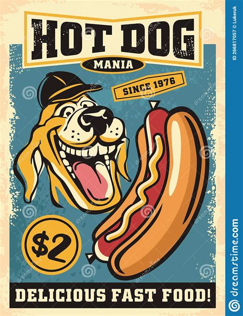 Hot Dog Mania Retro Poster With Cartoon Style Dog Graphic Stock Vector