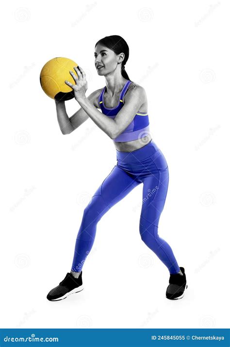Athletic Woman Doing Exercise With Medicine Ball Isolated On White