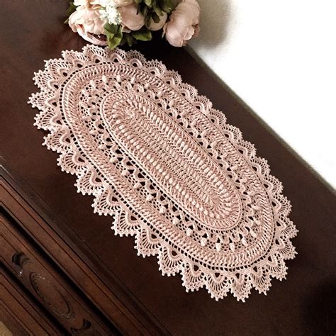 Crochet Table Runner Oval Lace Doily Pink Powder Textured Doilies Boho