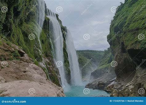 River And Blue Tamul Waterfall Expectation Vs Reality Stock Photo