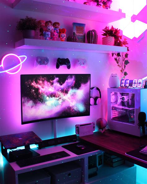 Pink Girly Rgb Neon Gaming Setup In 2021 Video Game Room Design
