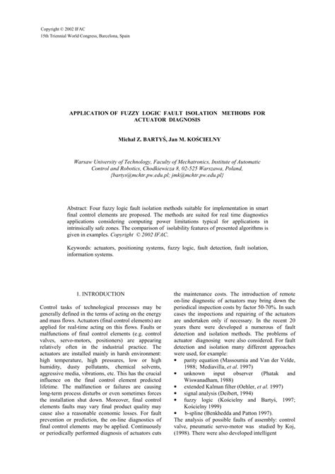 Pdf Application Of Fuzzy Logic Fault Isolation Methods For Actuator Diagnosis