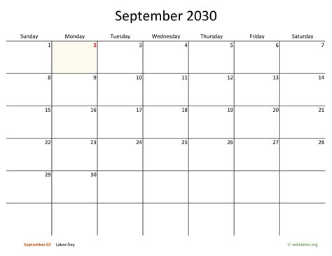 September 2030 Calendar With Bigger Boxes
