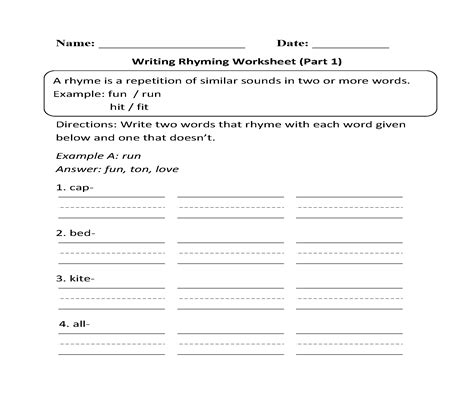 Children are most likely to hear rhyming words in rap musicians music, in poetry and in short stories. Writing Rhyming Worksheet Part 1 | Rhyming worksheet, Cursive writing worksheets, Rhyming words