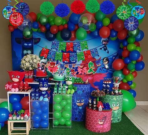 Pj Mask Theme Decoration Combo Happy Birthday Banner Balloon Swirl Pom