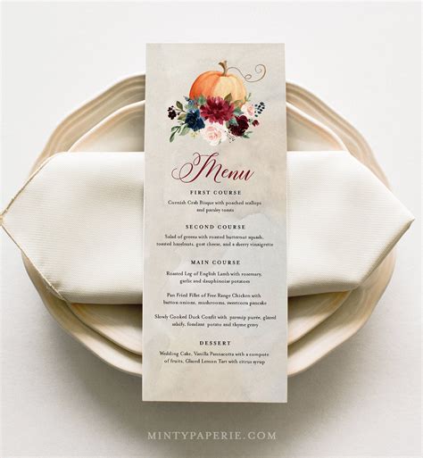 Fall Menu Card Template Pumpkin Dinner Menu For Wedding Bridal Shower