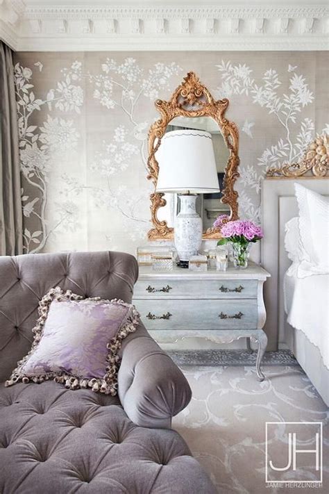 We rounded up 26 french living room tips to inspire your own décor projects. Gray and gold French bedroom features a wall clad in gold ...