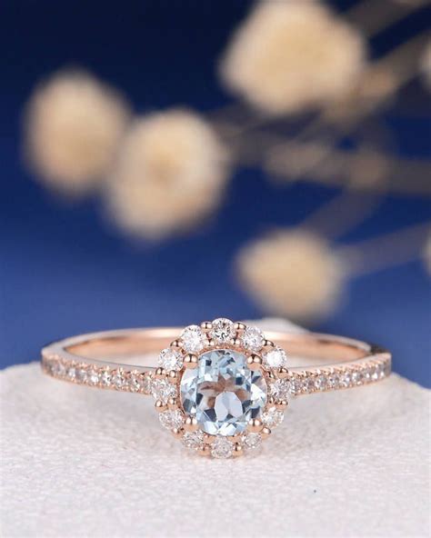 Aquamarine Engagement Ring Rose Gold Diamond Halo Ring Antique Etsy