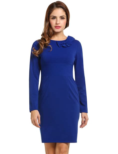 Navy Blue New Women O Neck Long Sleeve Bow Solid Casual Dresses