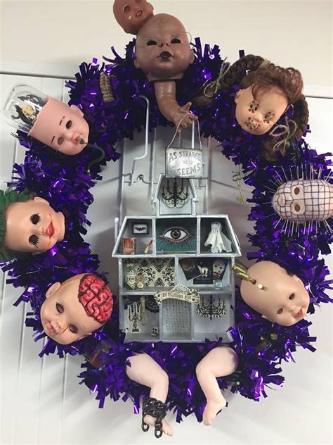 Creepy Doll Head Halloween Wreath Complete With Miniature Haunted