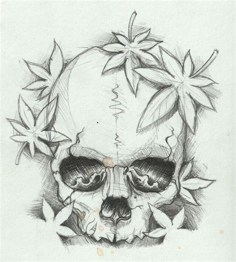 Simple Skull Sketch Drawing With Marple Leaves Tattoosk Skull