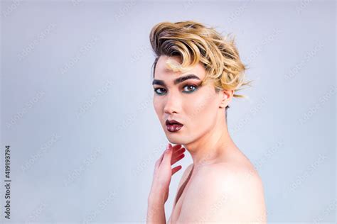 Naked Shirtless Non Binary Portrait Of Asian Man With Luxurious Blonde