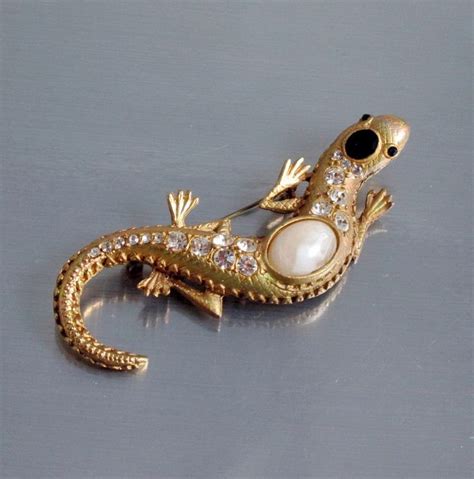 Rhinestone Enamel Lizard Brooch Salamander Pin Cabochon Etsy UK