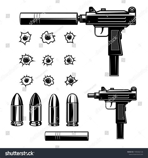 Set Uzi Submachine Gun Bullets Bullet Stock Vector Royalty Free