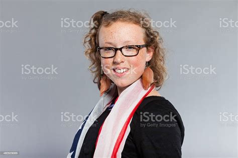 Happy Funny Teenage Girl With Curly Blonde Hair Expressive Face Stock