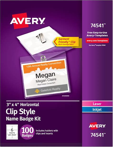 Avery Top Loading Garment Friendly Clip Style Name Badges 3 X 4 100