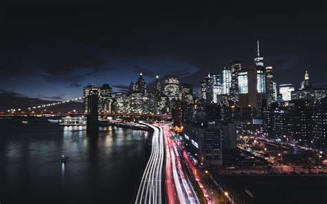 Download Wallpapers 4k Manhattan New York Brooklyn Bridge Night