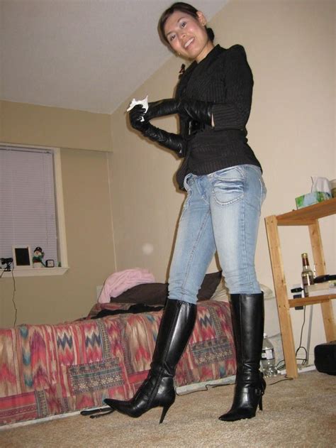 Tight Leather Pants Leather High Heel Boots Black High Boots Leather Gloves Cowbabe Boot