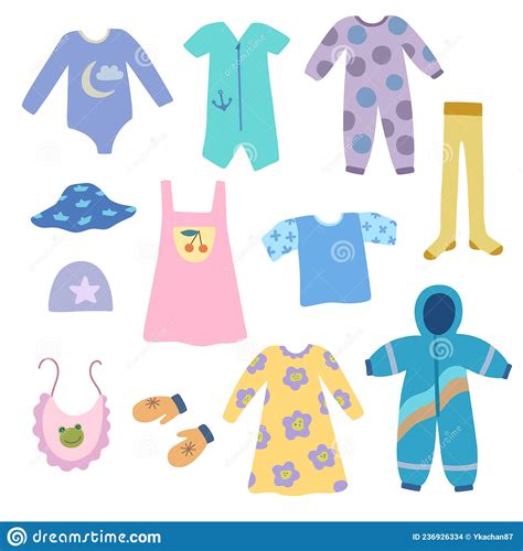 Set Of Cute Baby And Infant Clothes In Doodle Boho Cartoon Style