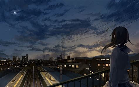 Anime Girl In School Uniform Watching City Sky Full Hd 2k Wallpaper