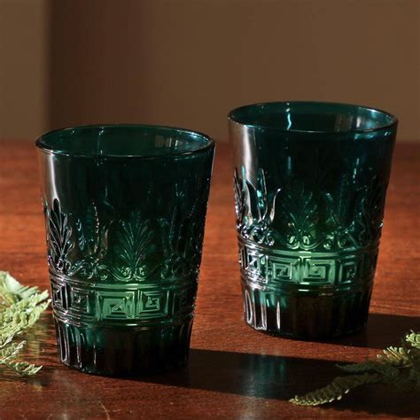 Set Of Two Teal Art Deco Glass Tea Light Holders By Dibor