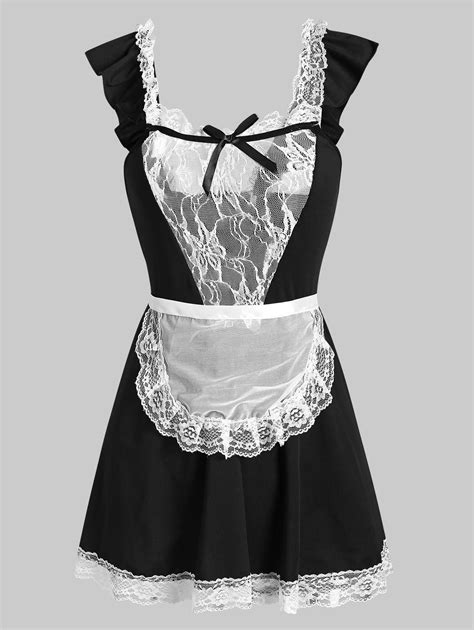 [37 Off] 2021 Lace Panel Ruffle Plus Size French Maid Costume In Black Dresslily