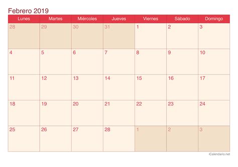 Calendario Febrero 2019 Para Imprimir