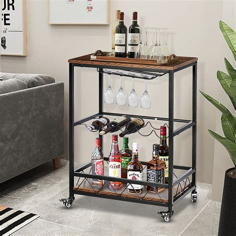 Industrial Bar Carts On Wheels With Wine Rack And Glass Holder Outdoor