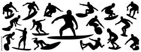 Surfing Silhouette Vector Set Of Surfer Silhouette Surf Vector Pack Stock Vector Adobe Stock
