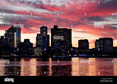 Boston Harbor City Skyline Sunset East Boston Massachusetts Stock