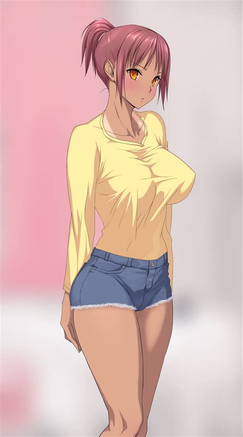 Someoka Yusura Highres 1girl Arms Behind Back Blush Breasts Cutoffs Denim Denim Shorts