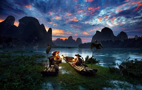 Men Nature River Birds Asian Mountain China