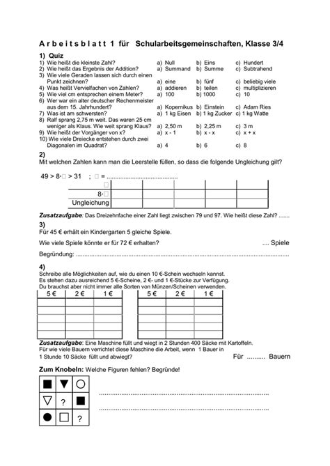 Ein arbeitsblatt mit lösungen zum thema schriftliches multiplizieren. 16 Arbeitsblätter für Schularbeitsgemeinschaften, Klasse 3/4
