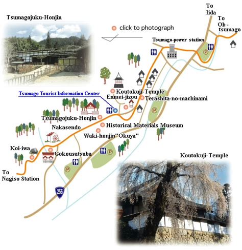 This deep and narrow valley is cut by the kiso river and walled in by the central alps to the east and the northern alps to the west. Step3.The map of Tsumago and the sights