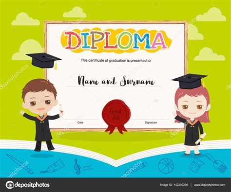 Colorful Kids Diploma Certificate Template In Cartoon Style And Book