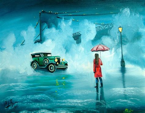 The Rendezvous Rainy Day Red Umbrella Oil Painting By Gordon Bruce
