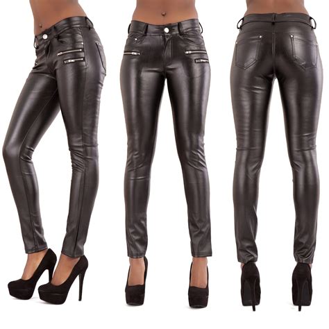Womens Black Pu Leather Look Trousers Breathable Slim Pants Sexy