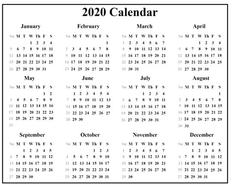 Cute Yearly 2020 Calendar Printable Free Printable Calendar