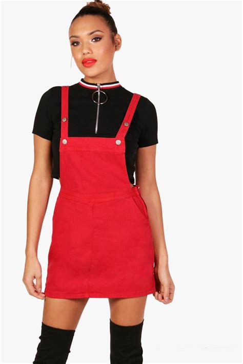 Red Denim Pinafore Dress Mini Dress Outfits Denim Dress Outfit