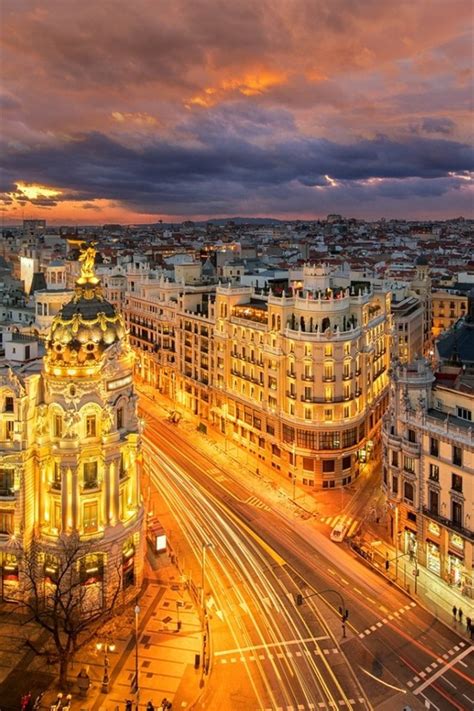 Spain Madrid Europe City At Night Roads Buildings